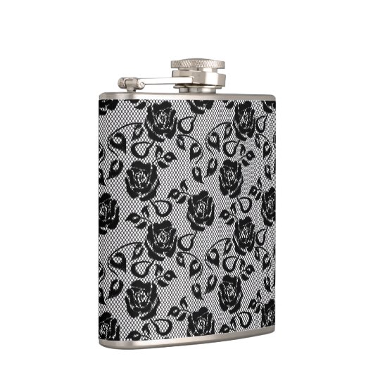 Zwart kant patroon op witte achtergrond heupfles (Rechts)