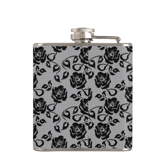 Zwart kant patroon op witte achtergrond heupfles (Achterkant)