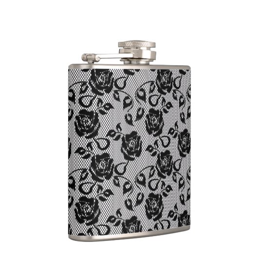 Zwart kant patroon op witte achtergrond heupfles (Rechts)