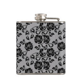 Zwart kant patroon op witte achtergrond heupfles (Achterkant)