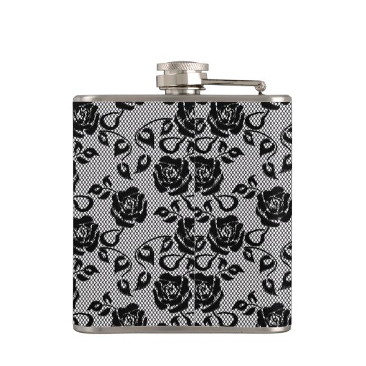 Zwart kant patroon op witte achtergrond heupfles (Achterkant)