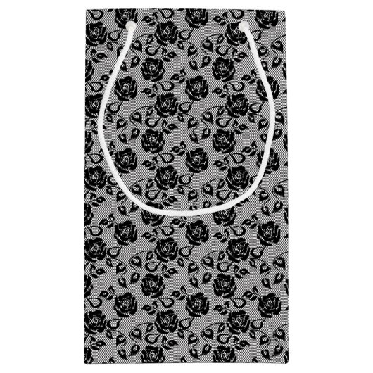 Zwart kant patroon op witte achtergrond klein cadeauzakje (Achterkant)