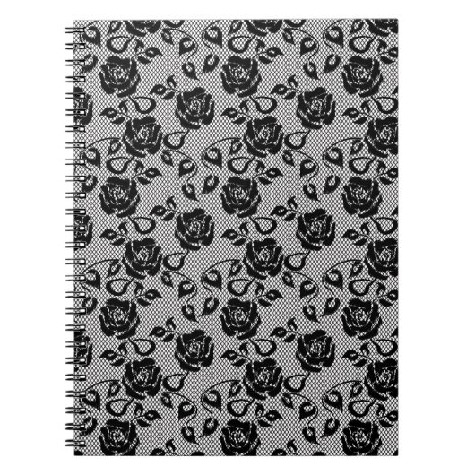 Zwart kant patroon op witte achtergrond notitieboek (Voorkant)
