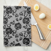 Zwart kant patroon op witte achtergrond theedoek (Quarter Fold)