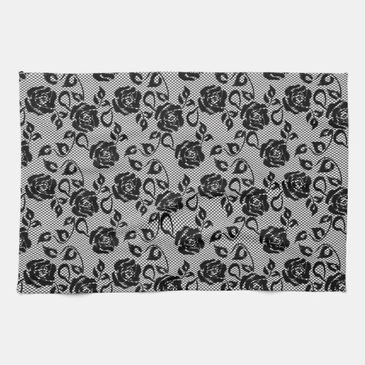 Zwart kant patroon op witte achtergrond theedoek (Horizontaal)