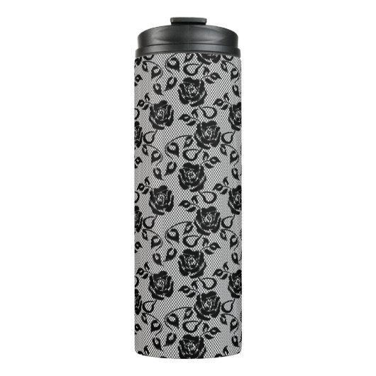 Zwart kant patroon op witte achtergrond thermosbeker (Voorkant)