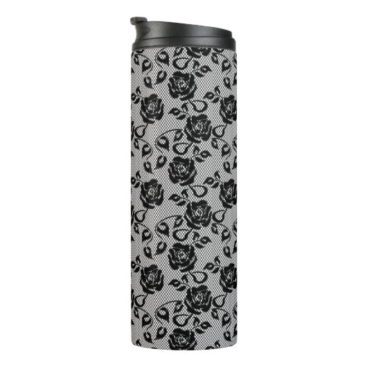 Zwart kant patroon op witte achtergrond thermosbeker (Geroteerd rechts)