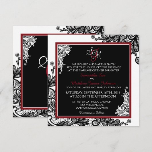 Zwart Kant Wit Moderne Gothic Bruiloft Uitnodiging (Voorkant / Achterkant)