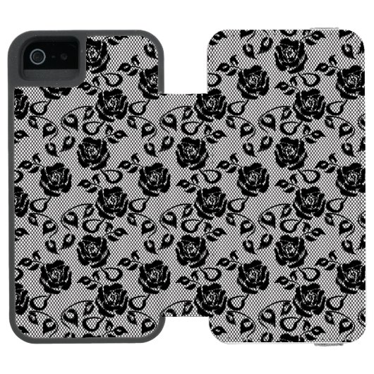Zwart kantpatroon op witte achtergrond incipio iPhone portemonnee hoesje (Agenda Open)