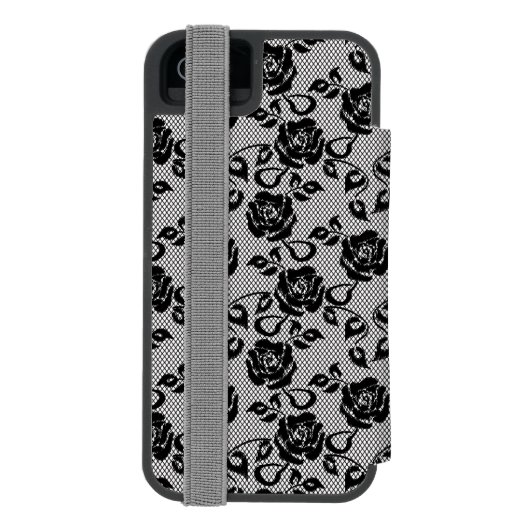 Zwart kantpatroon op witte achtergrond incipio iPhone portemonnee hoesje (Agenda Achterkant)