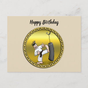 Zwart karaat man dat een zwarte trainingstas schop briefkaart