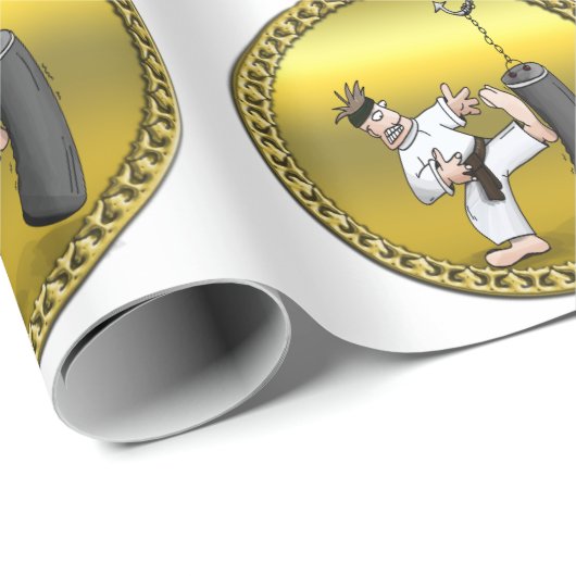 Zwart karaat man dat een zwarte trainingstas schop cadeaupapier (Rol Hoek)