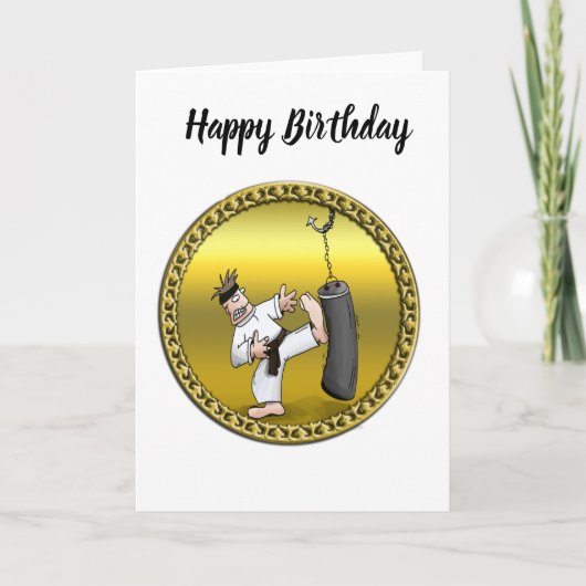 Zwart karaat man dat een zwarte trainingstas schop kaart (Voorkant)