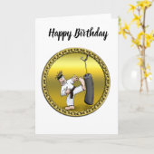 Zwart karaat man dat een zwarte trainingstas schop kaart (Gele Bloem)