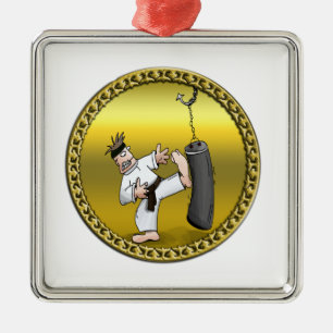 Zwart karaat man dat een zwarte trainingstas schop metalen ornament