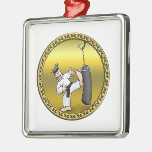 Zwart karaat man dat een zwarte trainingstas schop metalen ornament (Links)