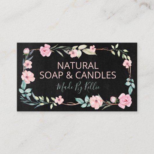 Zwart karton met handgemaakte zeep en kaarsen visitekaartje (Voorkant)