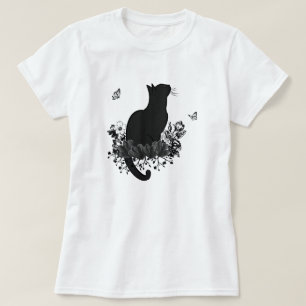 Zwart Kat  Bloem Donkere Vlinder T-shirt