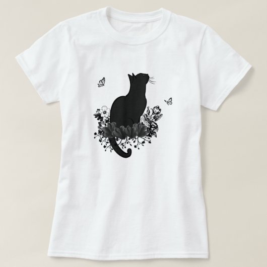 Zwart Kat  Bloem Donkere Vlinder T-shirt (Design voorkant)