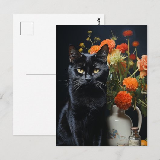 Zwart Kat  Bloem Stilleven Schilderij Briefkaart (Voorkant / Achterkant)