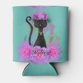 Zwart Kat bloemkroon zittend in roze rozen Blikjeskoeler