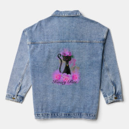 Zwart Kat bloemkroon zittend in roze rozen Denim Jacket