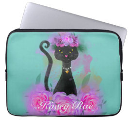 Zwart Kat bloemkroon zittend in roze rozen Laptop Sleeve