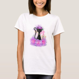 Zwart Kat bloemkroon zittend in roze rozen T-shirt