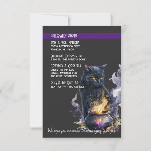 Zwart Kat Cauldron Halloween Kostuum Party Kaart (Voorkant)