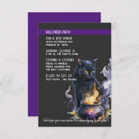 Zwart Kat Cauldron Halloween Kostuum Party Kaart (Voorkant / Achterkant)