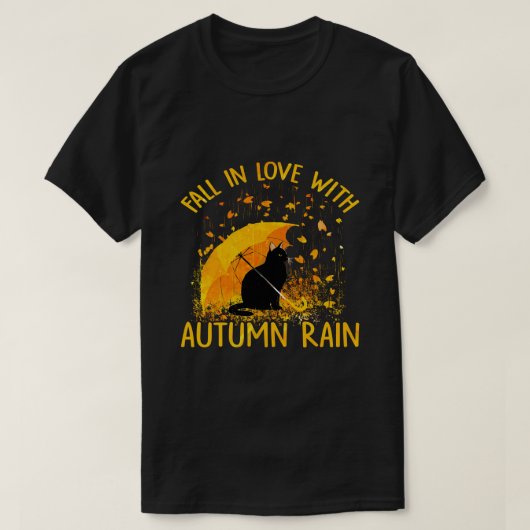 Zwart kat dat in liefde valt met herfst regen t-shirt (Design voorkant)