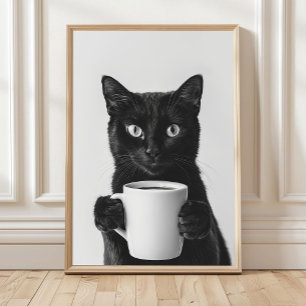 Zwart kat drinken koffie muur kunst, Zwart en wit Poster