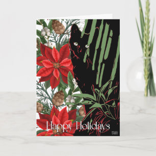 Zwart kat en Poinsettia ontwerp Feestdagen Kaart
