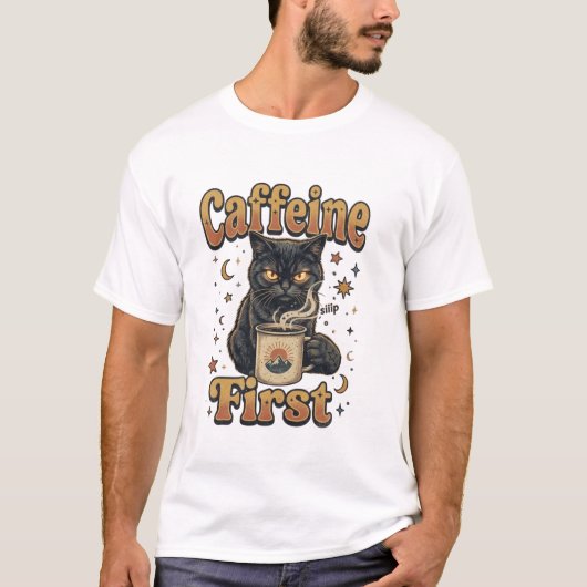 Zwart Kat Fantasie Krijger T-Shirt (Voorkant)