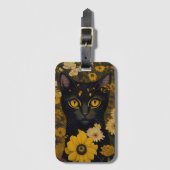 Zwart Kat Geel Ogen  Bloemen #2 Bagagelabel (Voorkant (verticaal))