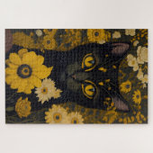 Zwart Kat Geel Ogen  Bloemen #2 Legpuzzel (Horizontaal)