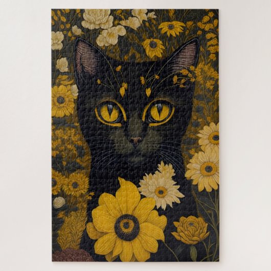 Zwart Kat Geel Ogen  Bloemen #2 Legpuzzel (Verticaal)