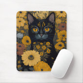 Zwart Kat Geel Ogen  Bloemen #2 Muismat (Met muis)