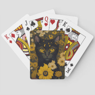 Zwart Kat Geel Ogen Bloemen #2 Pokerkaarten
