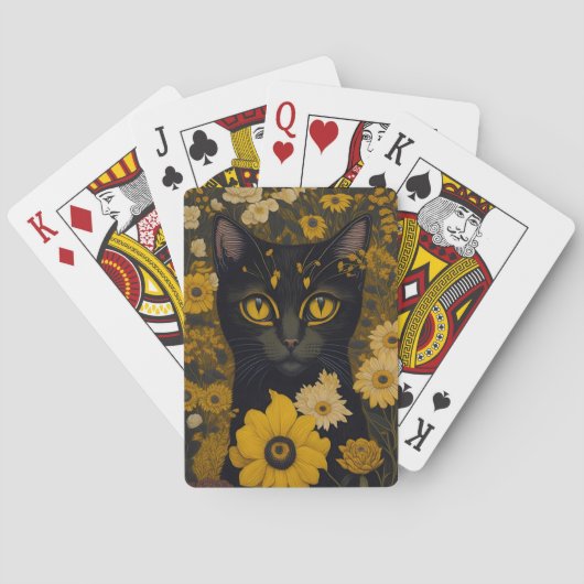 Zwart Kat Geel Ogen Bloemen #2 Pokerkaarten (Achterkant)
