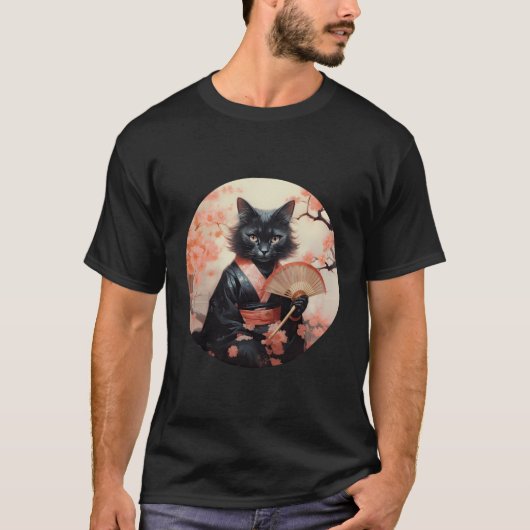 Zwart Kat Geisha Grappig Pet Kimono T-shirt (Voorkant)
