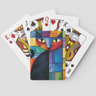 Zwart kat geometrisch glas-in-lood raster pokerkaarten
