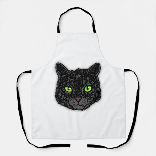 Zwart Kat Gezicht Met Groene Ogen Trendy Dier Schort (Voorkant)