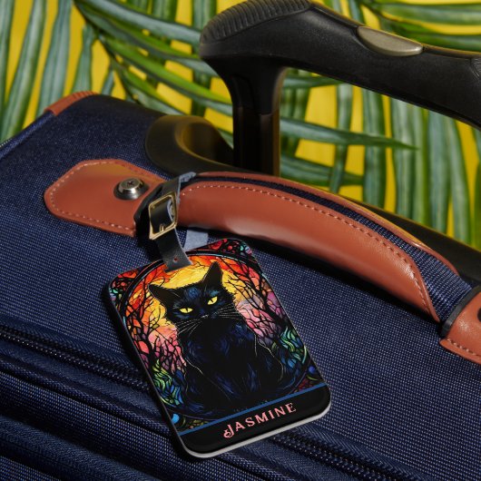 Zwart Kat Glas in lood Rood Spooky Bagagelabel (Voorkant Insitu 1)