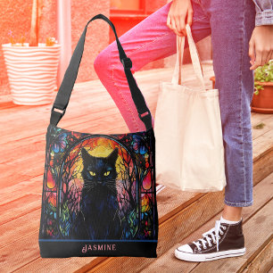 Zwart Kat Glas in lood Rood Spooky Crossbody Tas