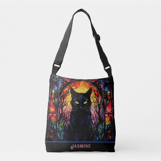 Zwart Kat Glas in lood Rood Spooky Crossbody Tas (Voorkant)