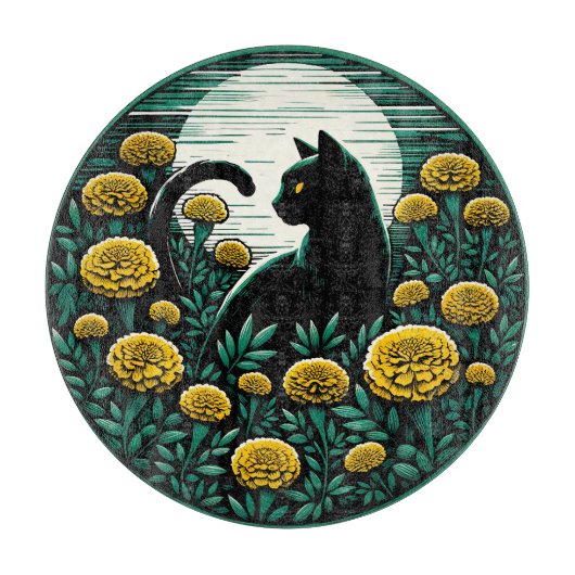 Zwart Kat goudsbloem Kunst Zwart Katten Kunstwerk Snijplank (Voorkant)