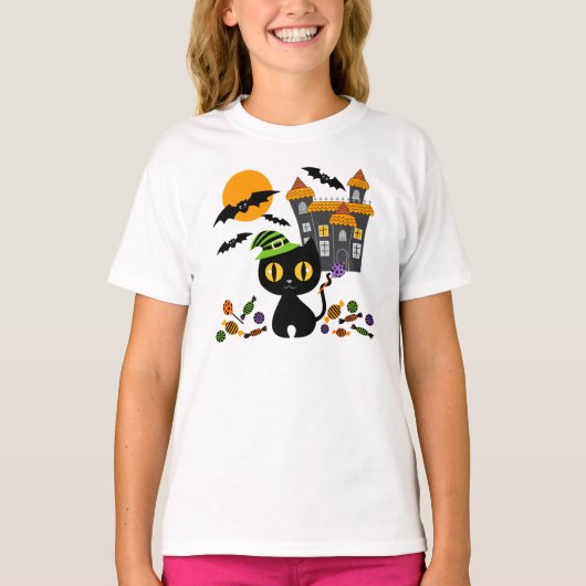 Zwart Kat Halloween Meisjes T Shirten T-shirt (Voorkant)