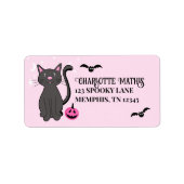Zwart Kat Halloween Roze Pompoen Vleermuizen Girly Etiket (Voorkant)