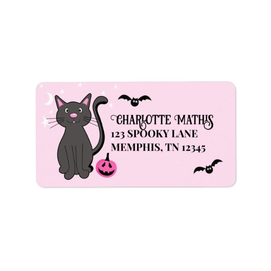 Zwart Kat Halloween Roze Pompoen Vleermuizen Girly Etiket (Voorkant)